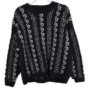 Davis & Squire Hand Knit Shetland Wool Black Crew Neck Cable Knit Sweater